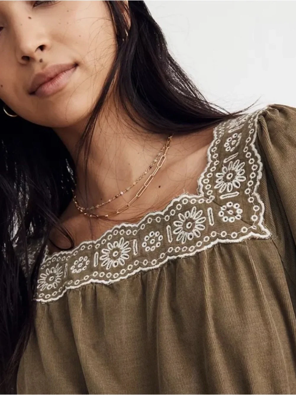 Madewell Olive Green Square-Neck Embroidered Long-Sleeve Dress
